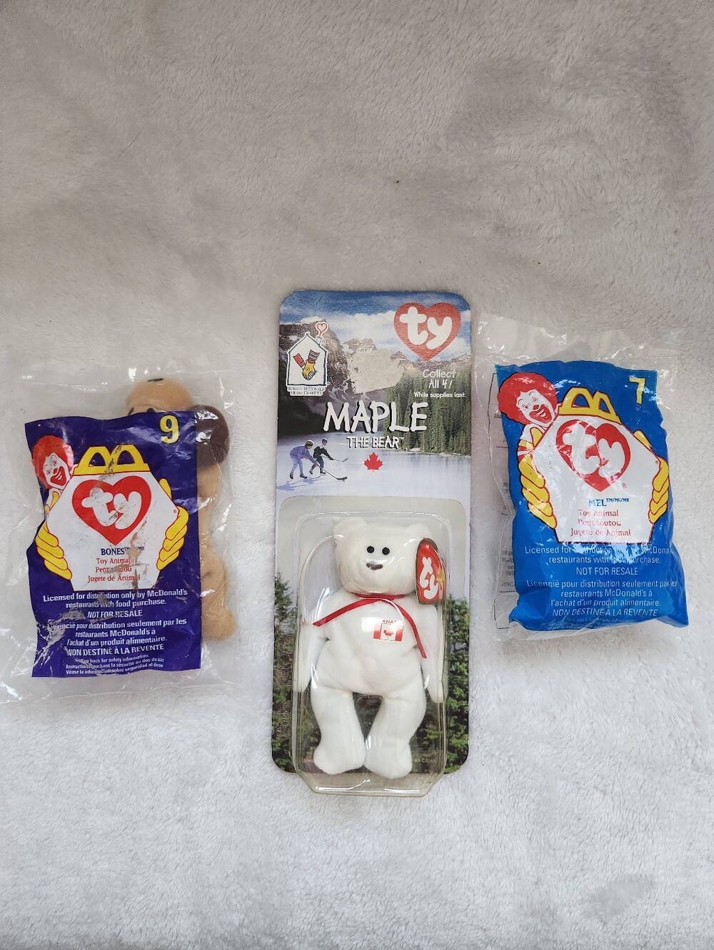 TY McDonalds Teenie Beanie Babies Lot 3 Maple Bear Bones Mel Sealed Vintage 1999